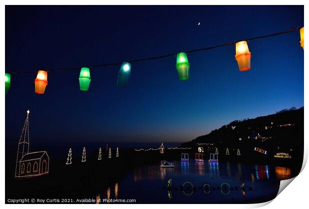 Mousehole Christmas Lights.  Print by Roy Curtis