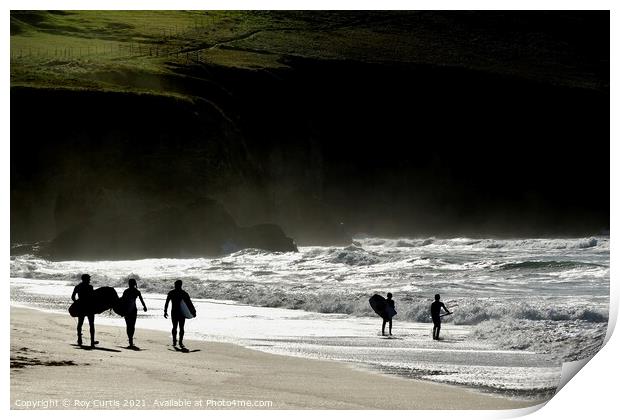 Holywell Bay Silver Sea Silhouettes. Print by Roy Curtis