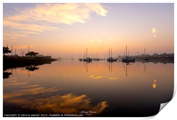 Misty Boat Sunrise reflections River Crouch Essex Print by johnny weaver