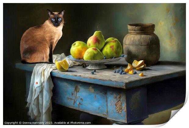 Cat on a Blue Table Print by Donna Kennedy