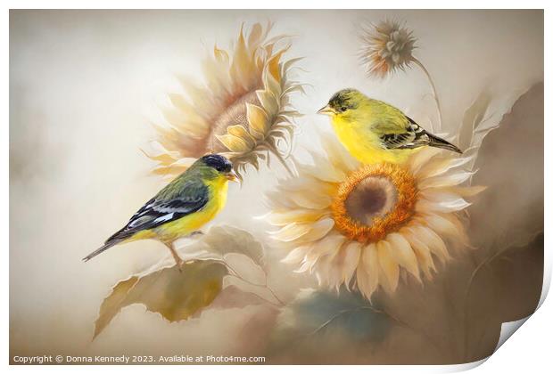 Goldfinches and Sunflowers Print by Donna Kennedy