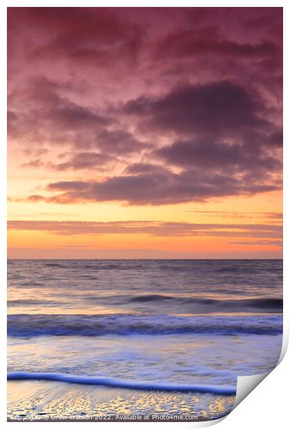 Sunrise over the sea Print by Drew Watson