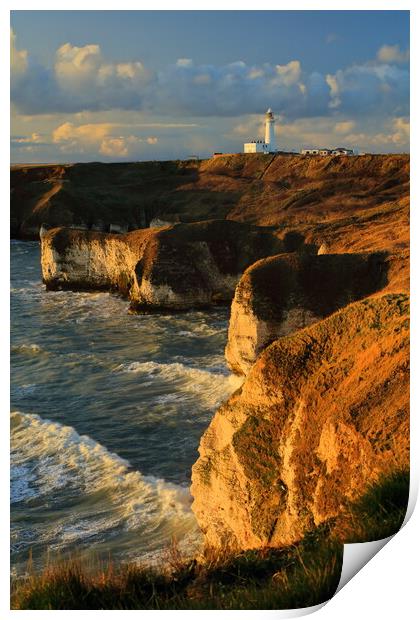 Flamborough lighthouse and cliffs at sunrise. Print by Drew Watson