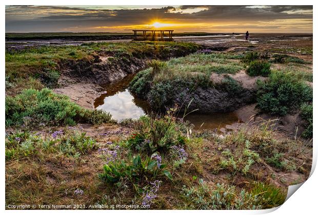 Sunset at Stiffkey Saltmarshes Print by Terry Newman