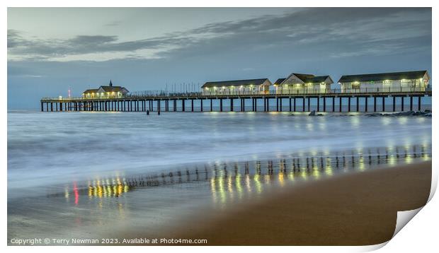 Blue Hour Morning Reflections at Southwold Print by Terry Newman