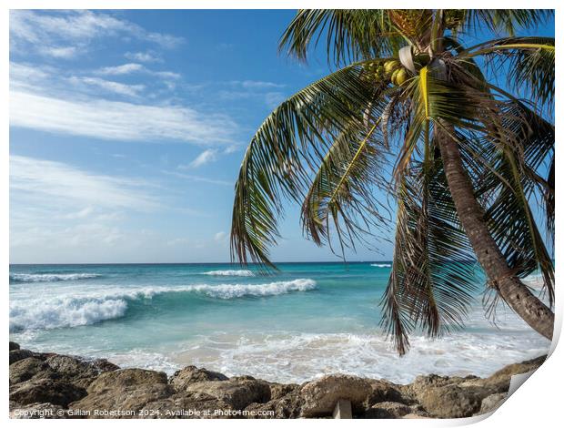Palm Trees, Blue Skies and Waves in Barbados Print by Gillian Robertson