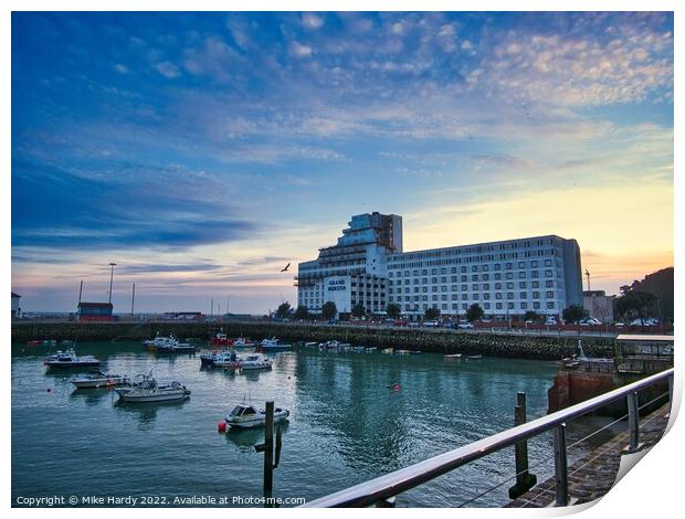 Hotel Burstin and Inner Folkestone Harbour at dusk Print by Mike Hardy