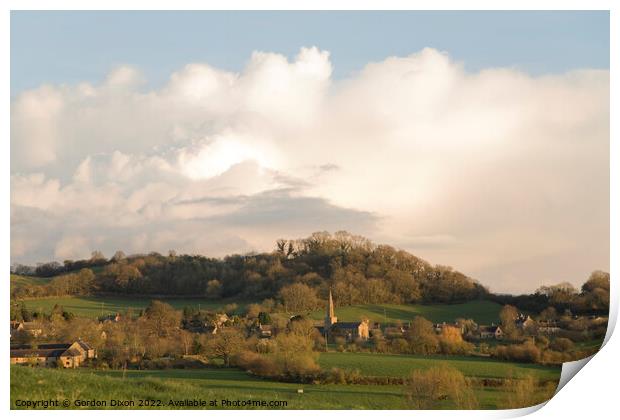 Somerset village of Chiselborough with church spire in evening sun Print by Gordon Dixon