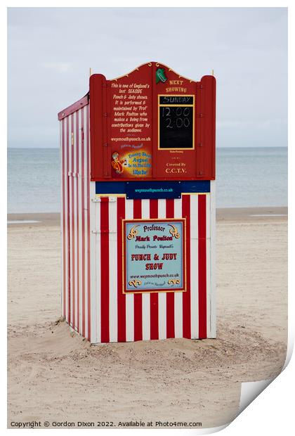 Punch and Judy booth on Weymouth beach - traditional children's entertainment Print by Gordon Dixon