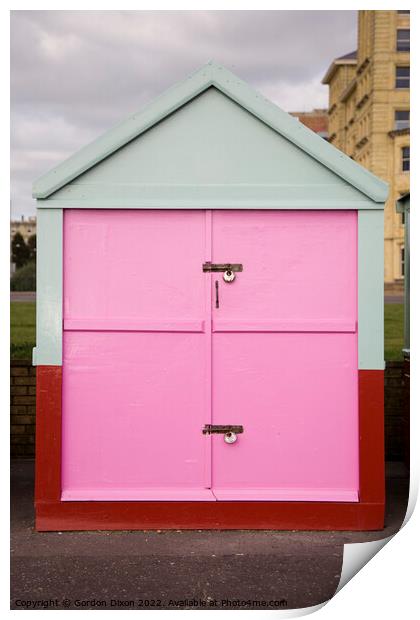 Pink painted door of a beach hut on the esplanade, Brighton and Hove Print by Gordon Dixon