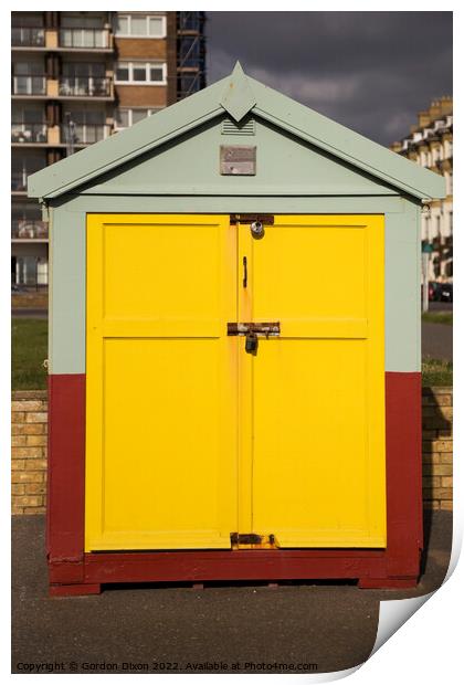 Yellow door of a beach hut on the esplanade, Brighton and Hove Print by Gordon Dixon
