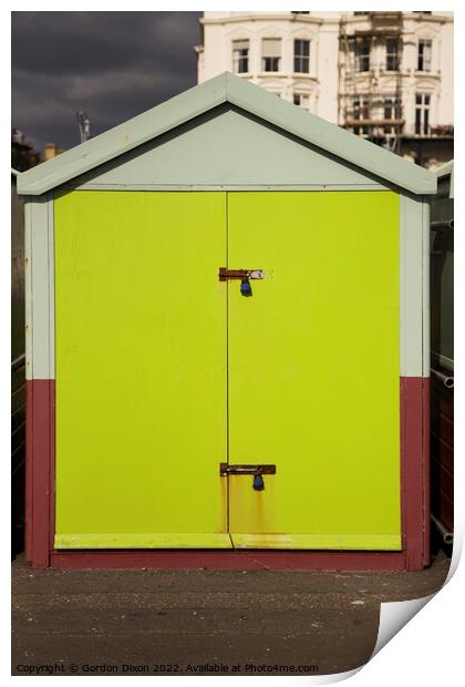 Lime green door of a sea front beach hut, Brighton and Hove Print by Gordon Dixon