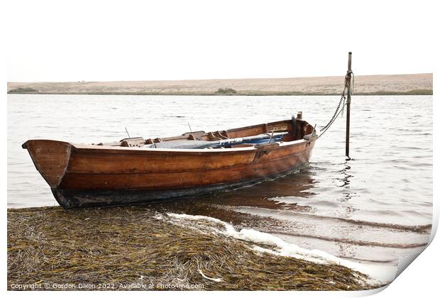Rowing boat moored in Fleet lagoon, Chesil Bank, Dorset Print by Gordon Dixon