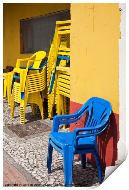 Colourful street scene - Stacking chairs - Curitiba, Brazil Print by Gordon Dixon