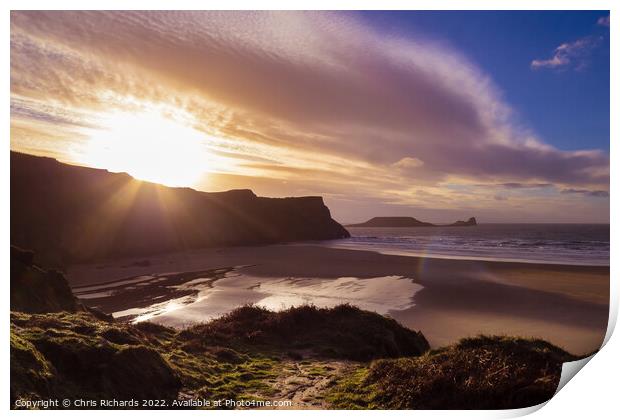 Worm's Head & Rhossili Bay in Winter Print by Chris Richards