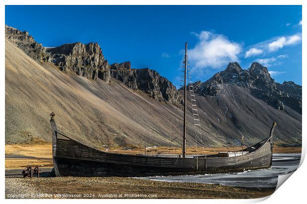 Viking Ship at Mountain Vestrahorn Iceland Print by Hörður Vilhjálmsson