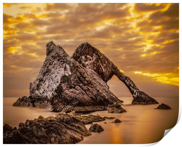 Sunrise at Bow Fiddle Rock in Scotland Print by DAVID FRANCIS