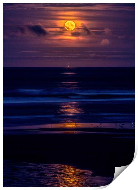Golden Harvest Moon rising over dark North Sea Print by DAVID FRANCIS