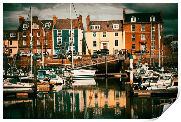Colourful Houses and Fishing Boats at Arbroath Harbour Print by DAVID FRANCIS