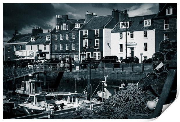 Houses and Fishing Boats at Arbroath Harbour Mono Print by DAVID FRANCIS