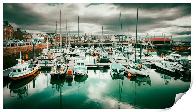 Yachts reflected in Arbroath Harbour Scotland Print by DAVID FRANCIS