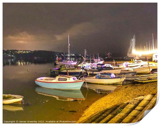 Moored boats by night Print by James Greenley