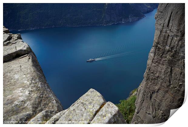 View From Preikestolen to the Ferry in the Lysefjord Print by Andreas Himmler