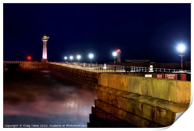 Whitby Lighthouse and Pier Night Shot Print by Craig Yates