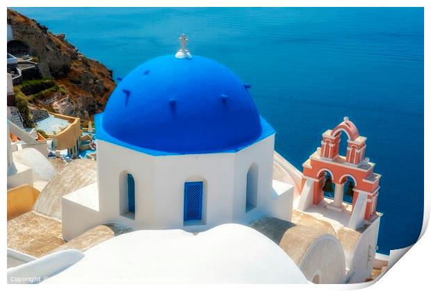 Santorini Blue Dome Church Greece Print by Craig Yates
