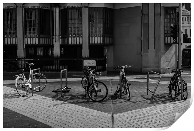 Row of bikes in the street. Print by Kelly Burton
