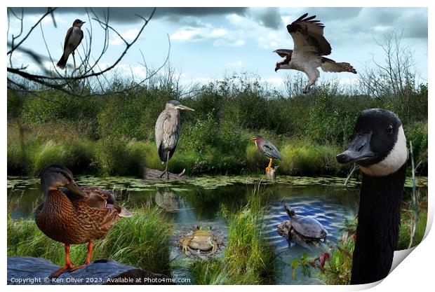 Wetlands Gathering of Animals Print by Ken Oliver