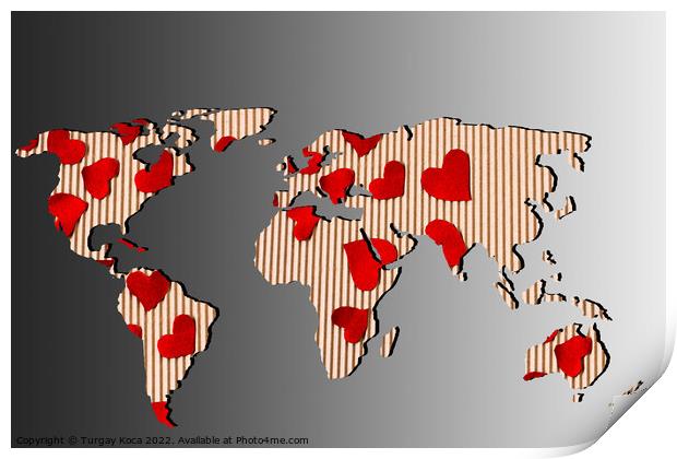 Roughly outlined world map withheart shapes fillings Print by Turgay Koca