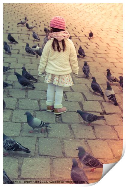 Little girl amid grey pigeons live in large groups in urban  Print by Turgay Koca