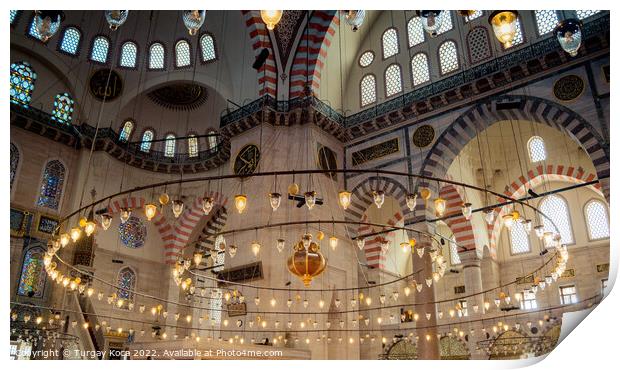 Bright mosque lamps on a circular chandelier Print by Turgay Koca