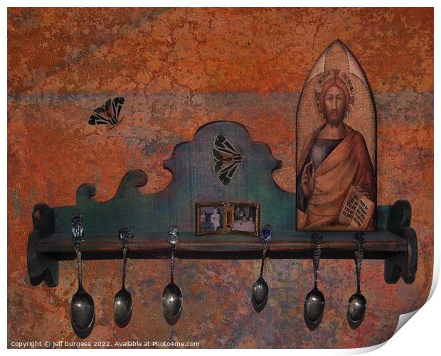 Still life spoons with moths Print by jeff burgess