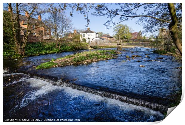 River Skell with a Small Weir and a Footbridge. Print by Steve Gill