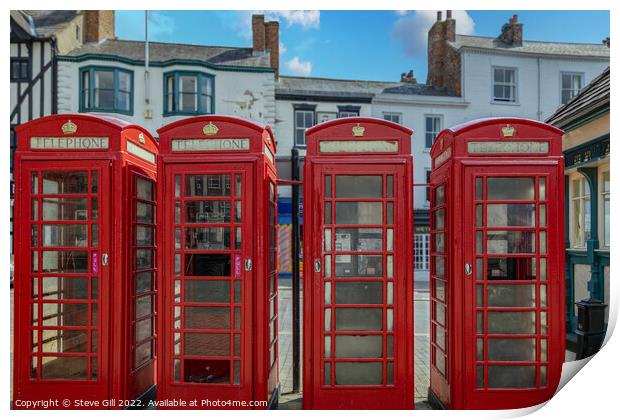 A Row of Four Red Traditional Telephone Boxes. Print by Steve Gill