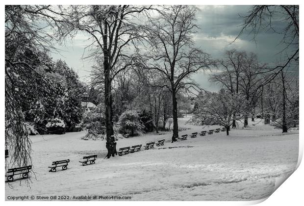 Row of Seats Along a Snow Covered Park on a wintry January morning.  Print by Steve Gill
