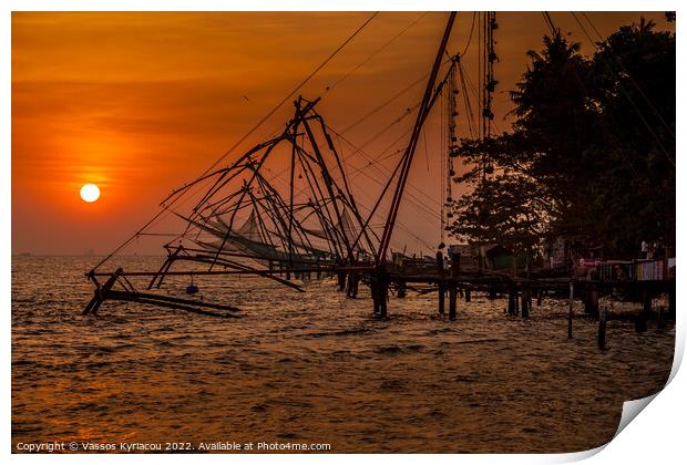 Sunset over Cochin Fishing Nets in India Print by Vassos Kyriacou