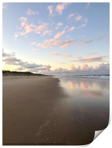 Pink Clouds at Sunset reflecting on Coolum Beach Queensland Print by Julie Gresty