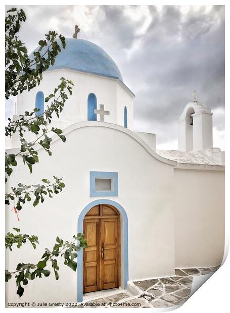 Greek Chapel with Blue Dome Lefkes, Paros,  Greece Print by Julie Gresty