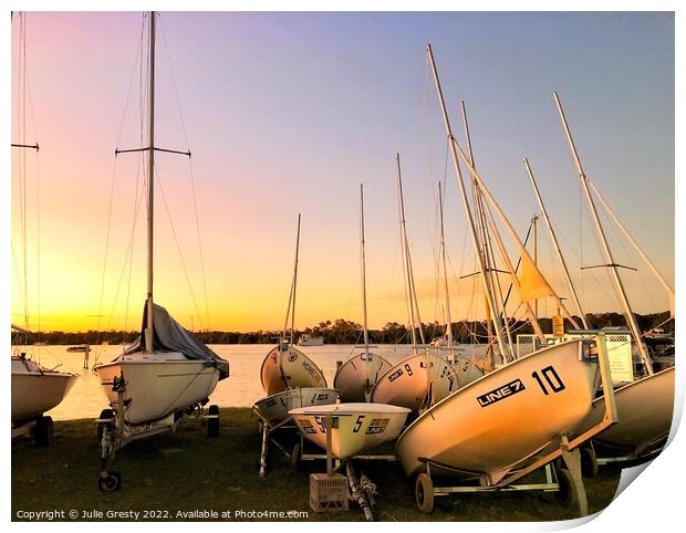 Yacht at Sunset Print by Julie Gresty