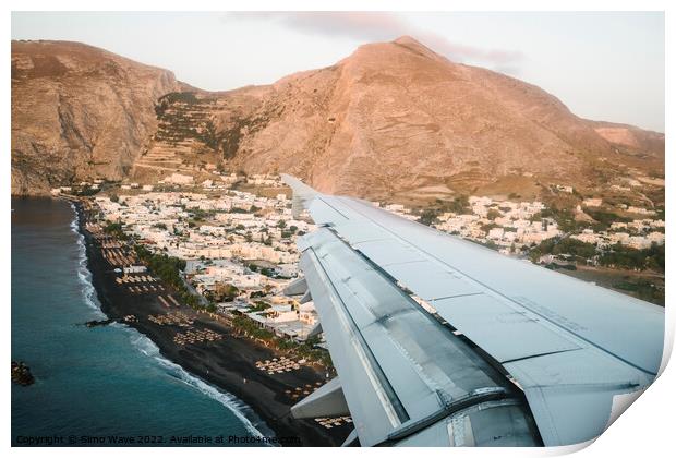 Airplane is landing in Santorini Island Print by Simo Wave