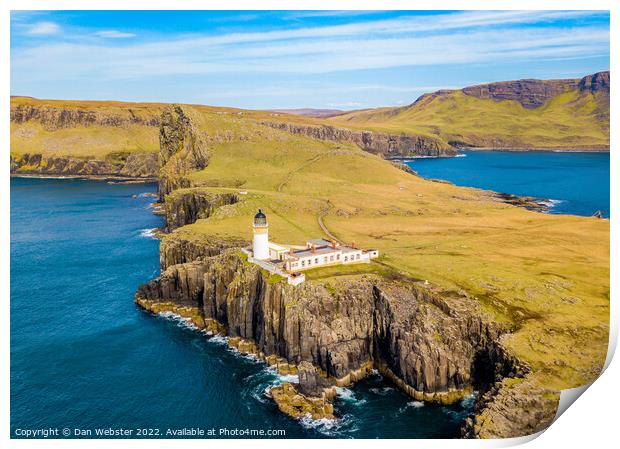Neist Point Lighthouse, Isle of Skye, Scottish Highlands, Scotland - Beautiful Aerial Shot Print by Dan Webster
