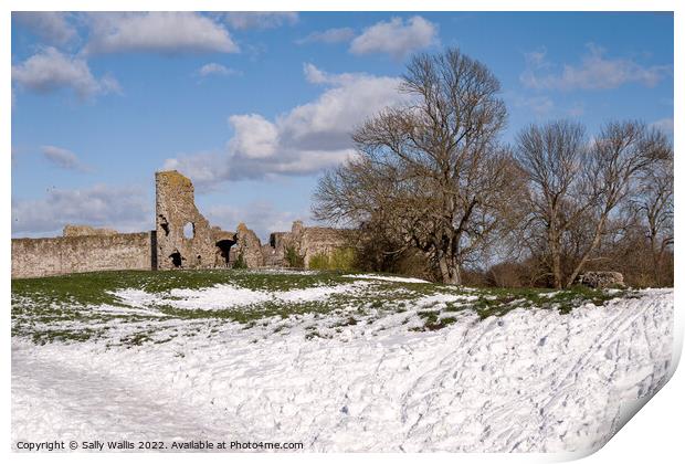 Pevensey Castle, Sussex, in snow Print by Sally Wallis