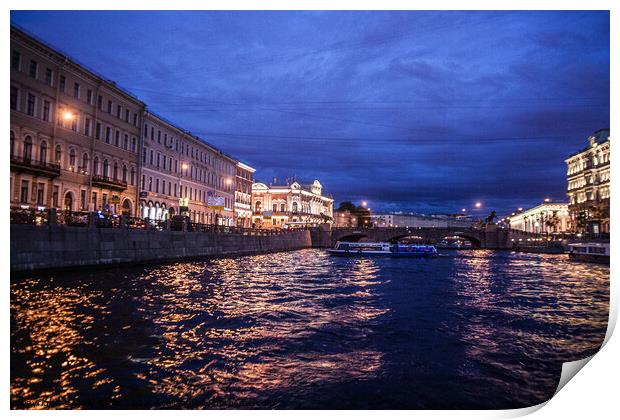 Night time cruise on the Neva, st Petersburg Print by Sally Wallis
