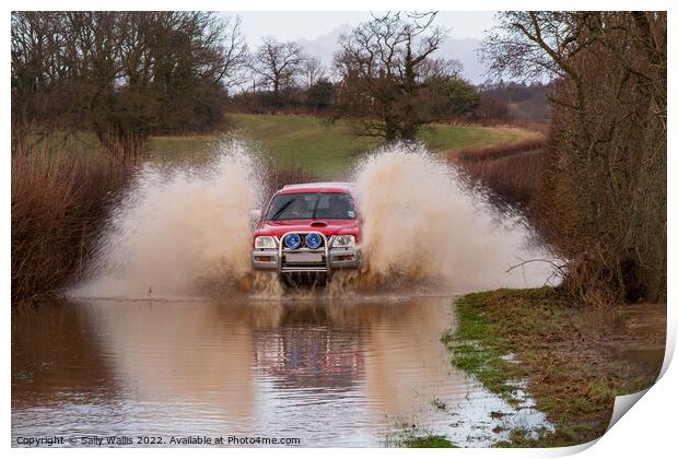 Car travelling at speed through flood Print by Sally Wallis