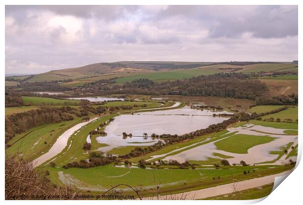 Flooded Cuckmere valley Print by Sally Wallis