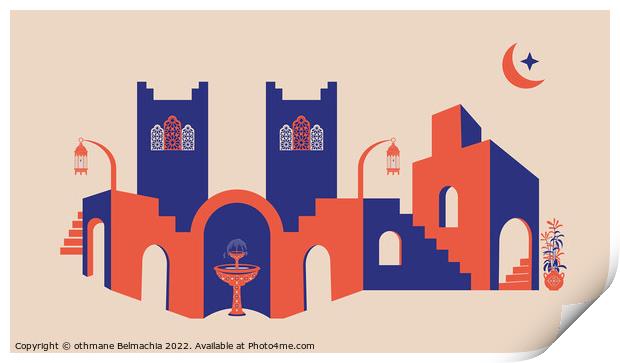 Creative minimalist abstracts. House or mosque facade with water fountain, candle lamp, stairs, indoor plants. Vector illustration.	 Print by othmane Belmachia