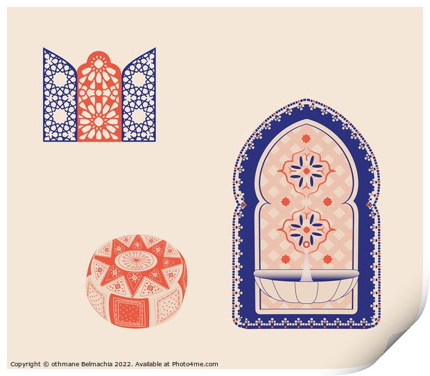 Creative minimalist abstracts. House or mosque facade with water fountain, hallway and portal with arch, Arabesque Windows Print by othmane Belmachia